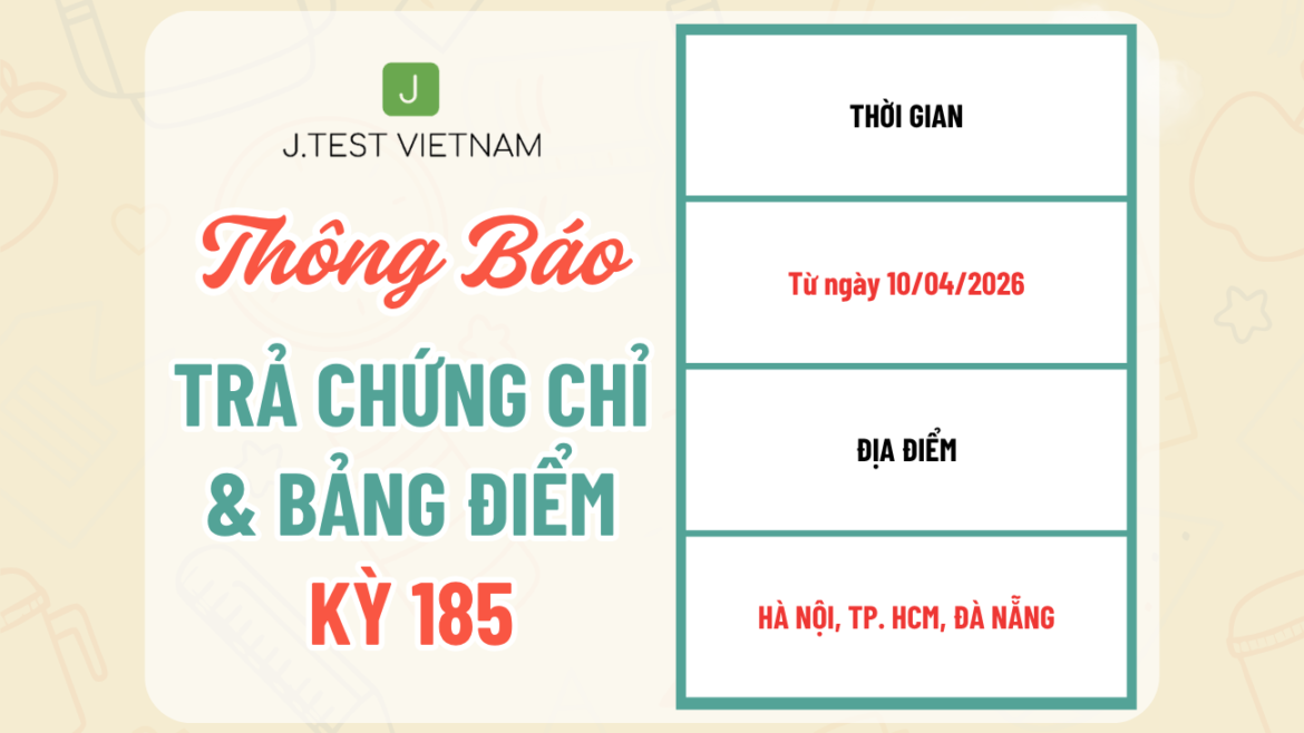 THÔNG BÁO LỊCH TRẢ CHỨNG CHỈ KỲ THI J.TEST SỐ 185