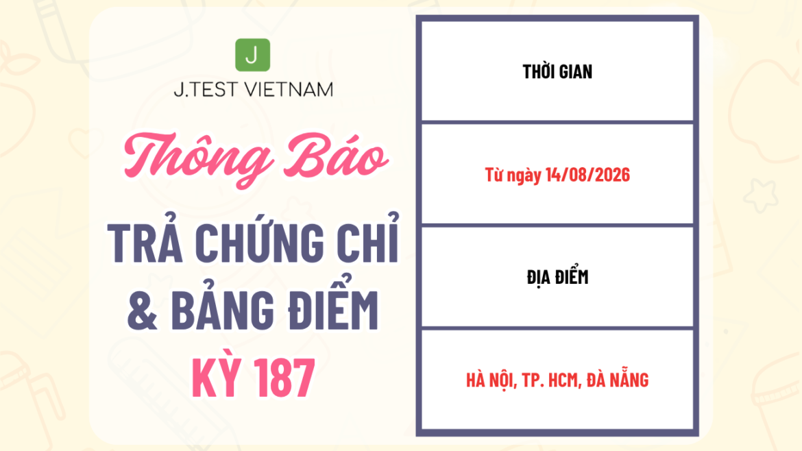 THÔNG BÁO LỊCH TRẢ CHỨNG CHỈ KỲ THI J.TEST SỐ 187