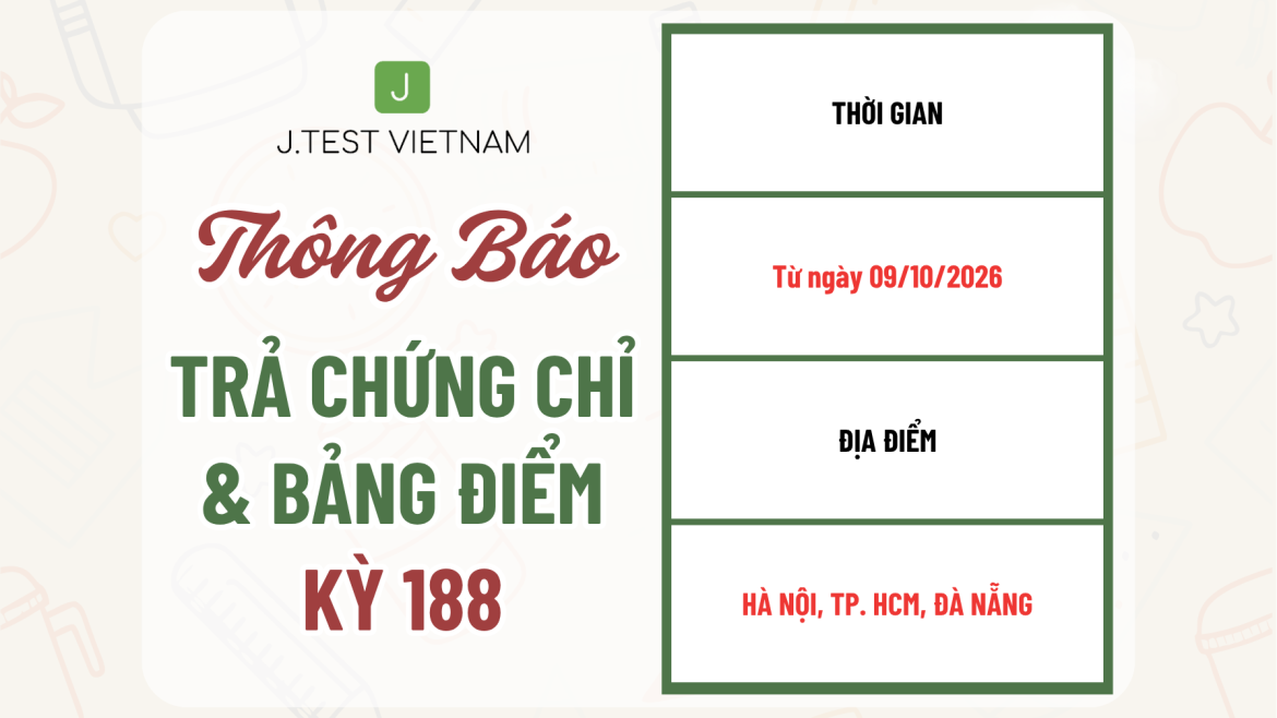 THÔNG BÁO LỊCH TRẢ CHỨNG CHỈ KỲ THI J.TEST SỐ 188